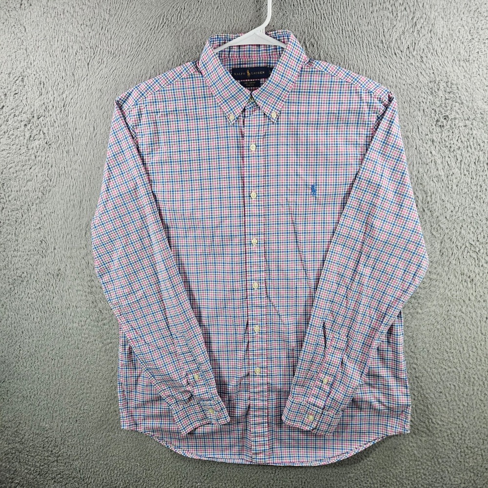 Ralph Lauren Mens Large Pink Blue Plaid Stretch Cotton Button Down Shirt 24903